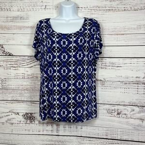 Chico’s Travelers Kinetic Blue Print Scoop Neck Short Sleeve Top